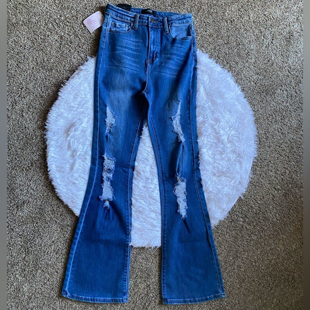 Nina Rossi Jeans Super High Rise Flare Long‎ New Distressed Women’s Size 7